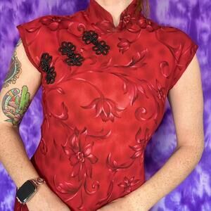 Vtg 90s Red  floral maxi dress with chinese frog fastening and slit